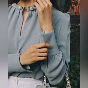 Petite NYC Studio Buvette Pearl Blouse in Dusty Blue